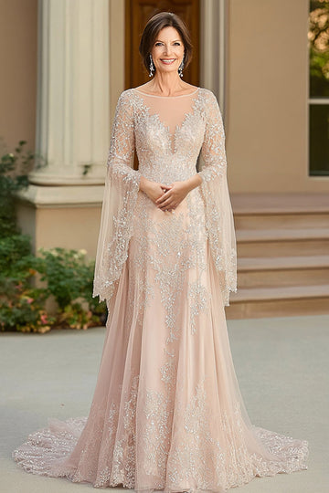 Elégant Beige Une Ligne Flutter Manches Mère De La Robe De La Mariée Avec Appliques De Dentelle